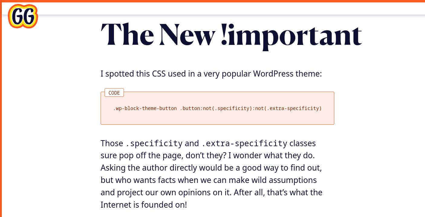 Screenshot showing a segment of Geoff's article on specificity in CSS