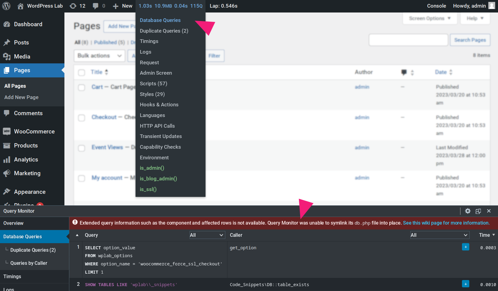 Screenshot showing Query Monitor's "Extended query information" warning.